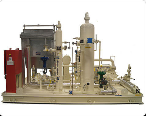 Engineered Vapor Recovery Systems Engineered gas processing skid in beige with integrated vessels, piping, and control systems, tailored for industrial gas recovery and treatment.
