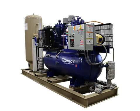 Instrument Air Compression Systems Quincy Compressor system in blue, featuring a robust air tank and control panel, designed for industrial-grade instrument air applications.
